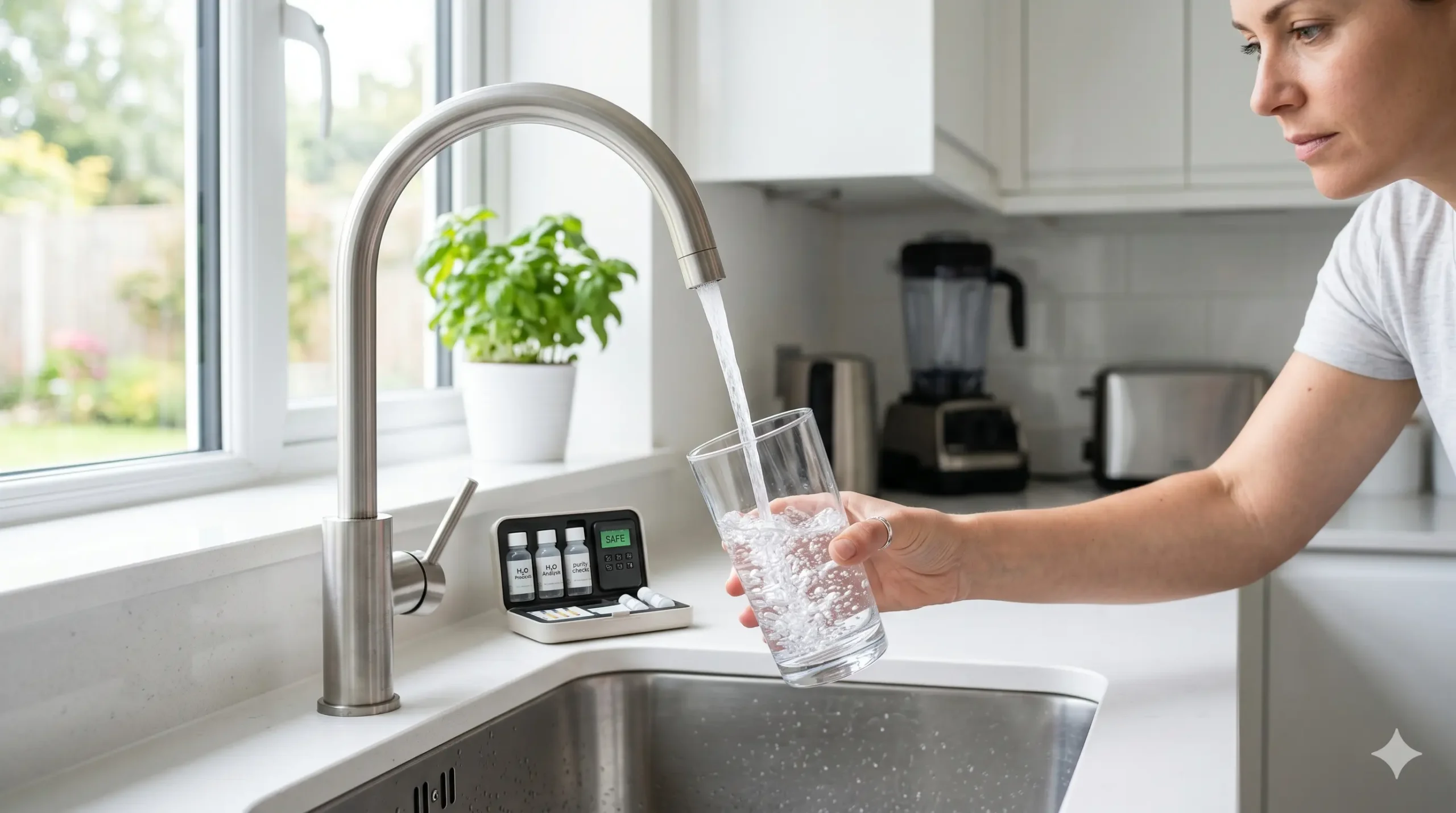 Vaso de agua del grifo en una cocina española con grifo abierto