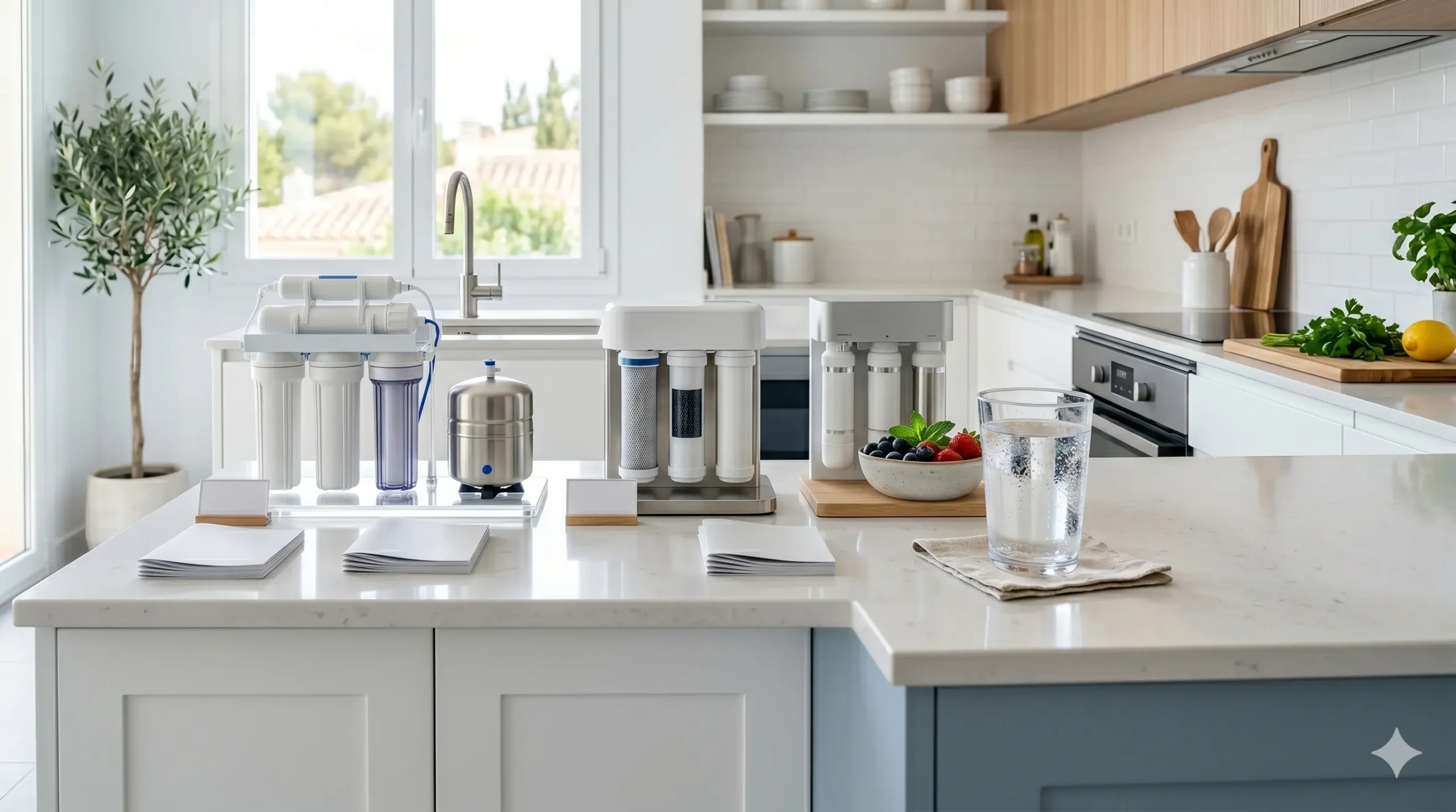 Varios equipos de ósmosis inversa doméstica colocados en una cocina para compararlos