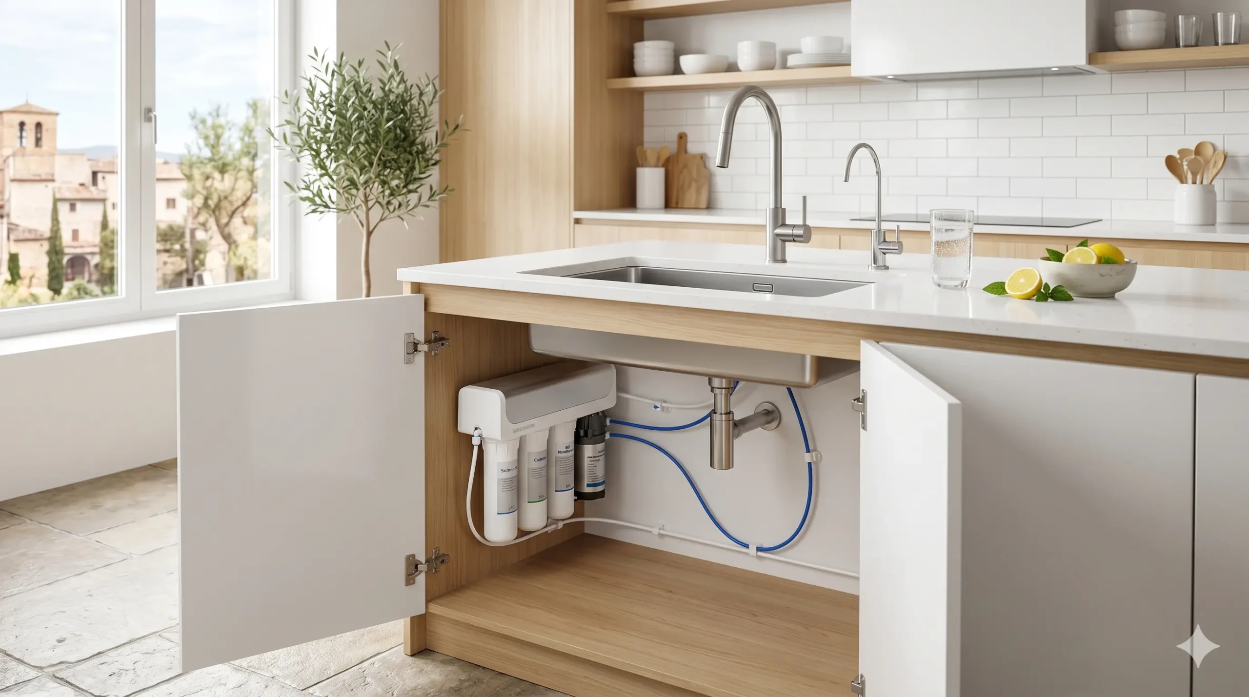 Equipo de ósmosis inversa sin tanque instalado bajo un fregadero de cocina moderna