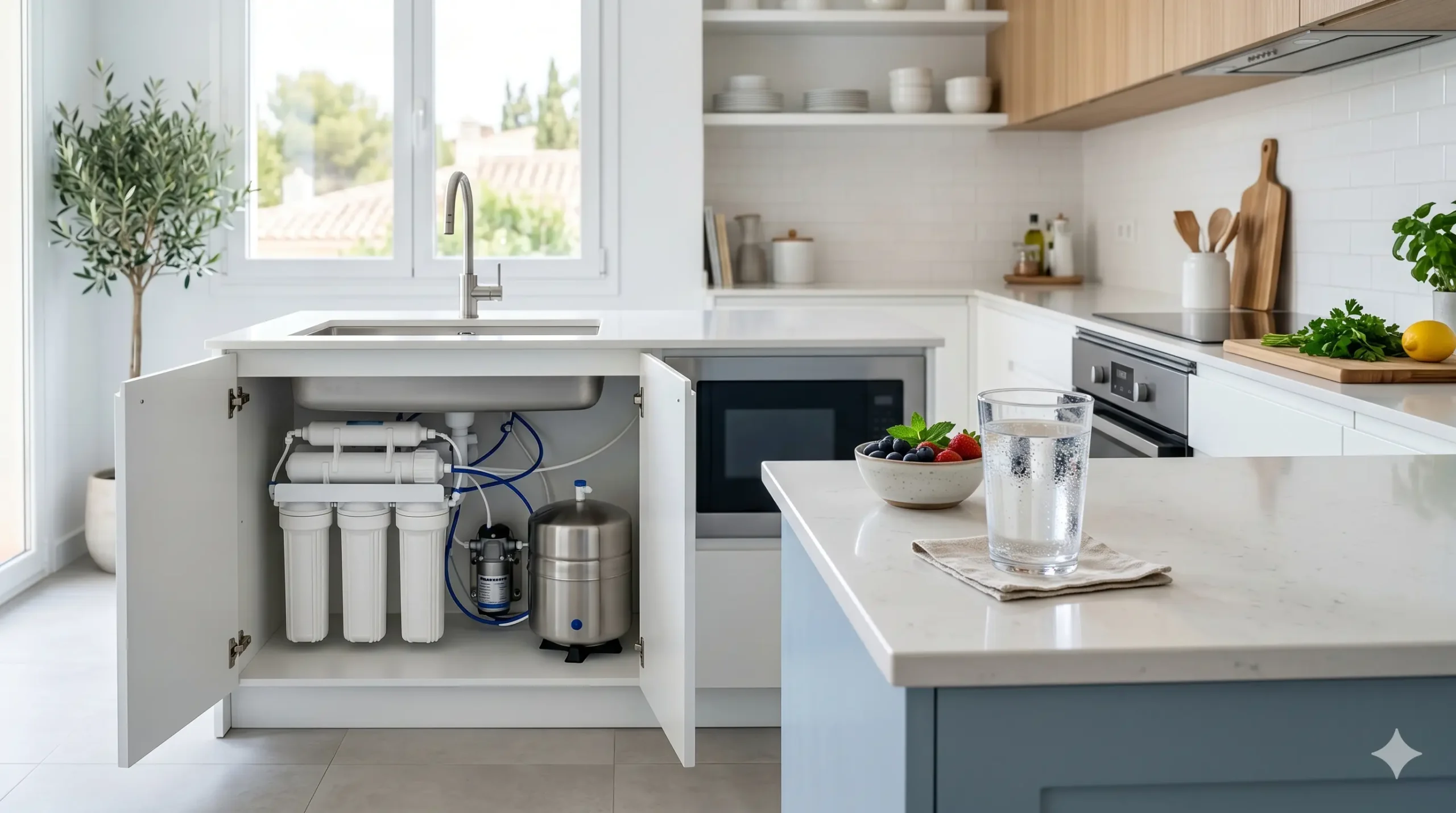 Sistema de ósmosis inversa instalado bajo el fregadero en una cocina moderna