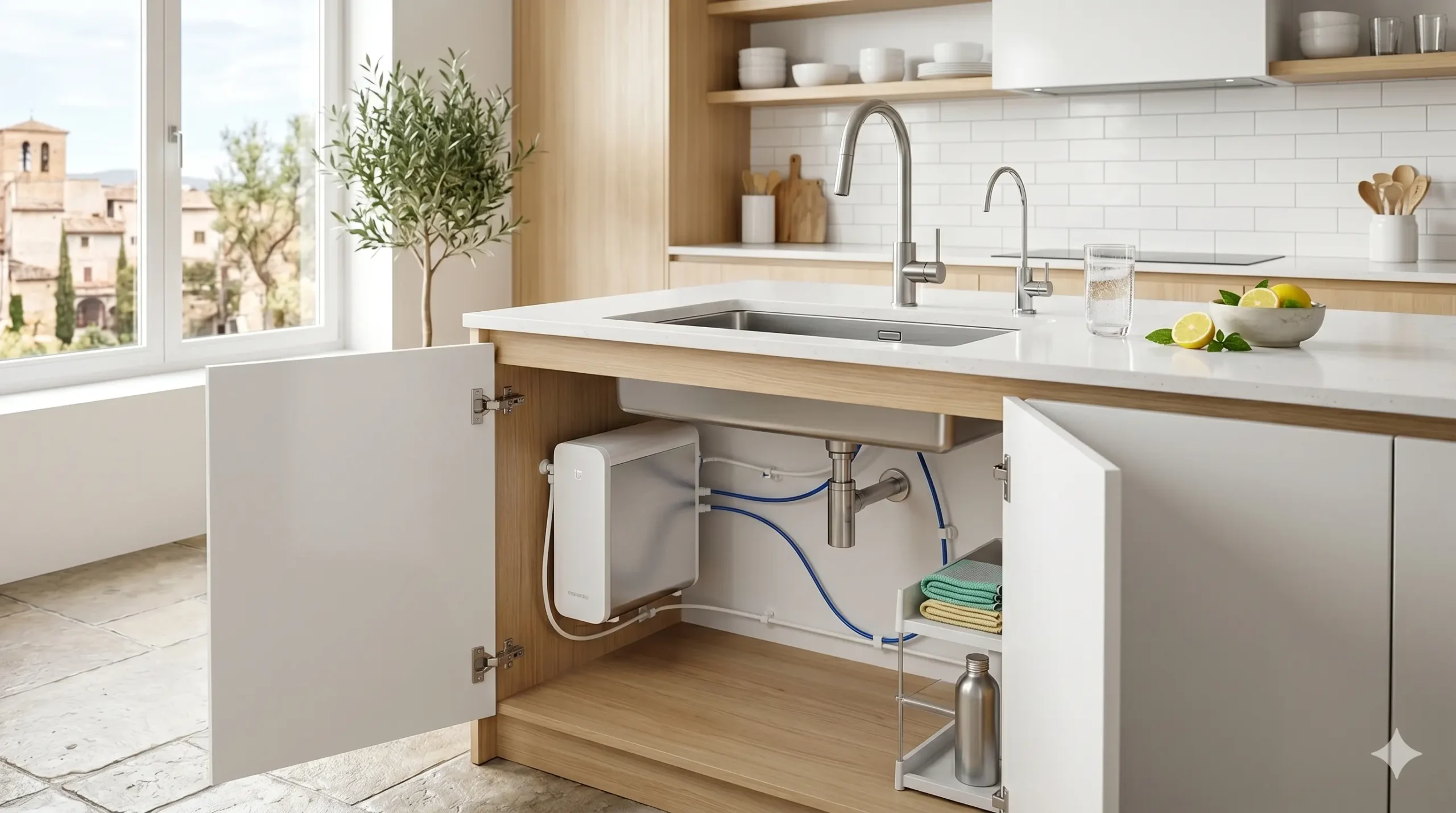 Sistema de ósmosis inversa compacta instalado bajo un fregadero de cocina pequeña
