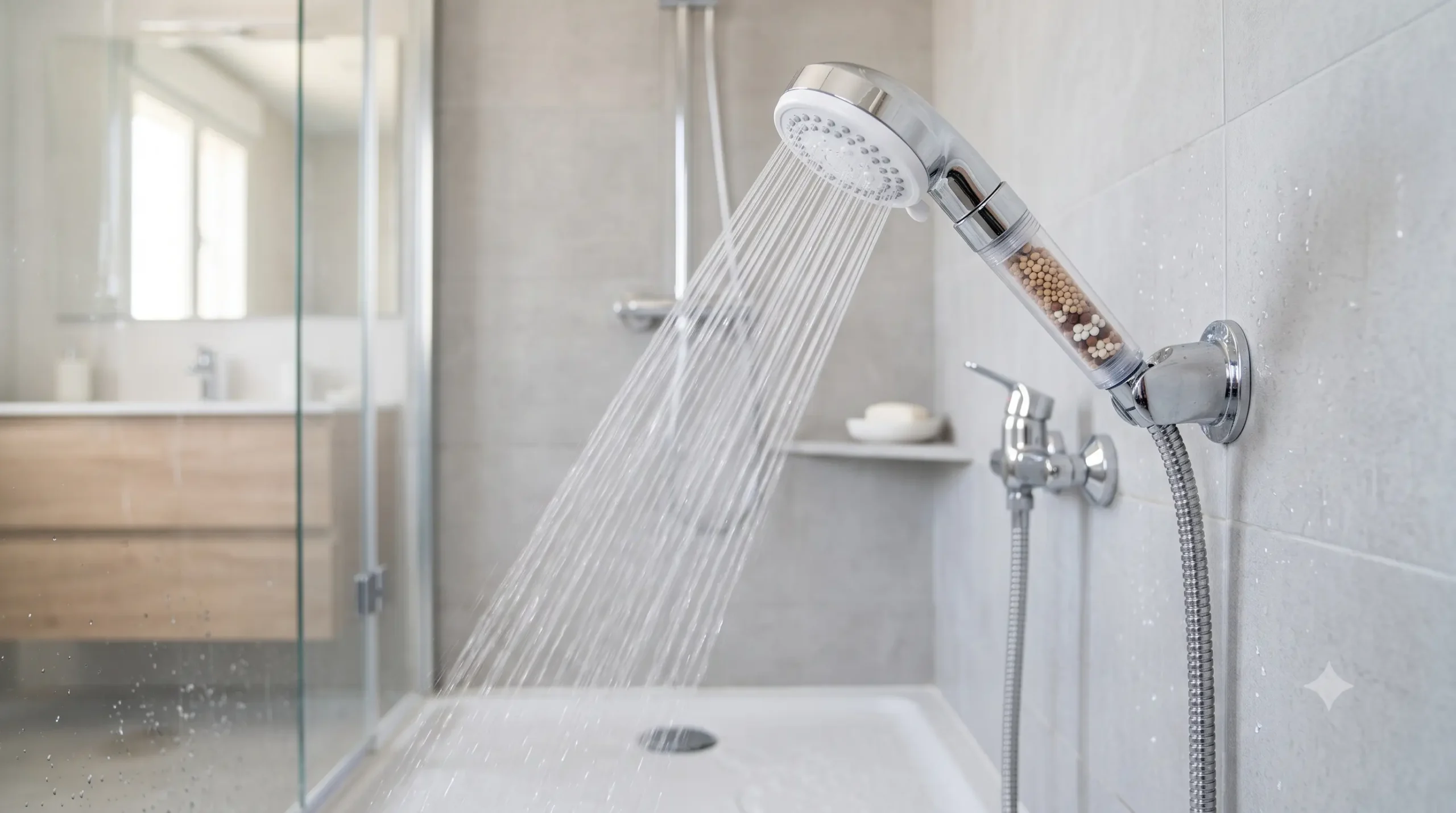 Alcachofa de ducha con filtro integrado y manguera instalada en el baño