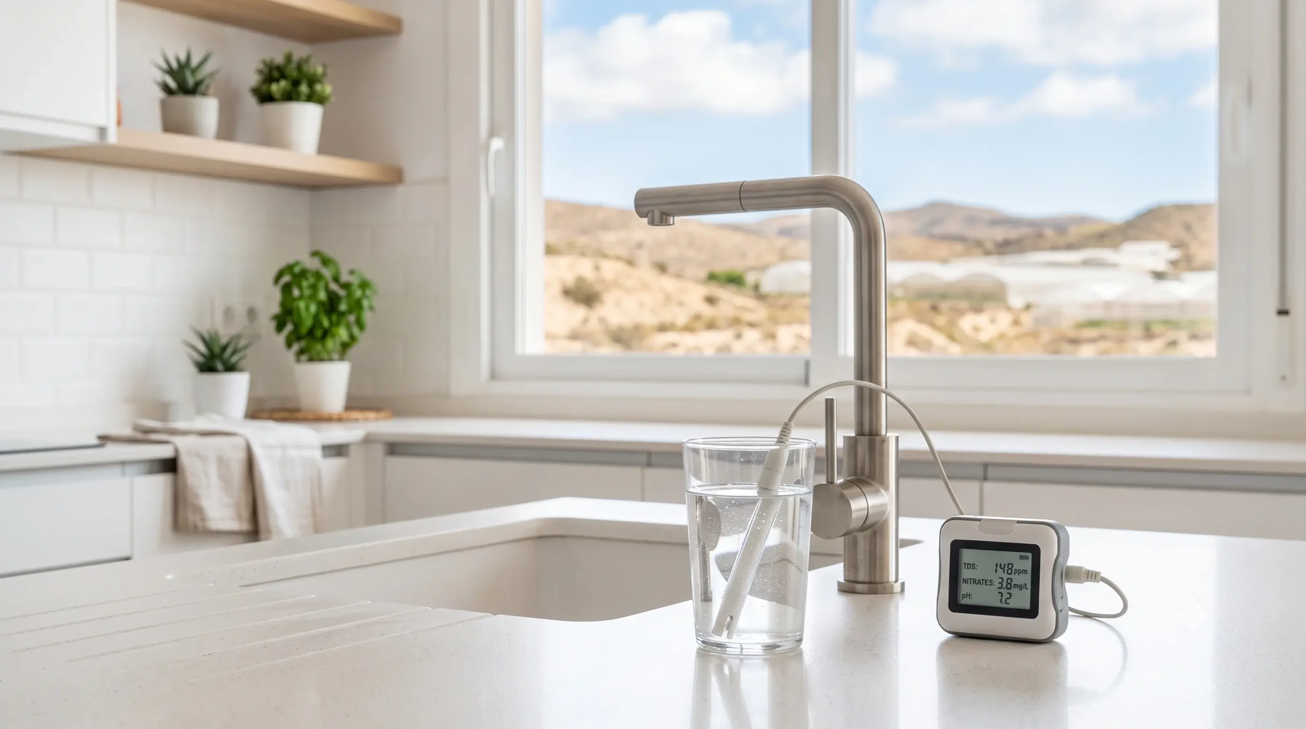 Agua del grifo de Almería y medidor digital en una cocina
