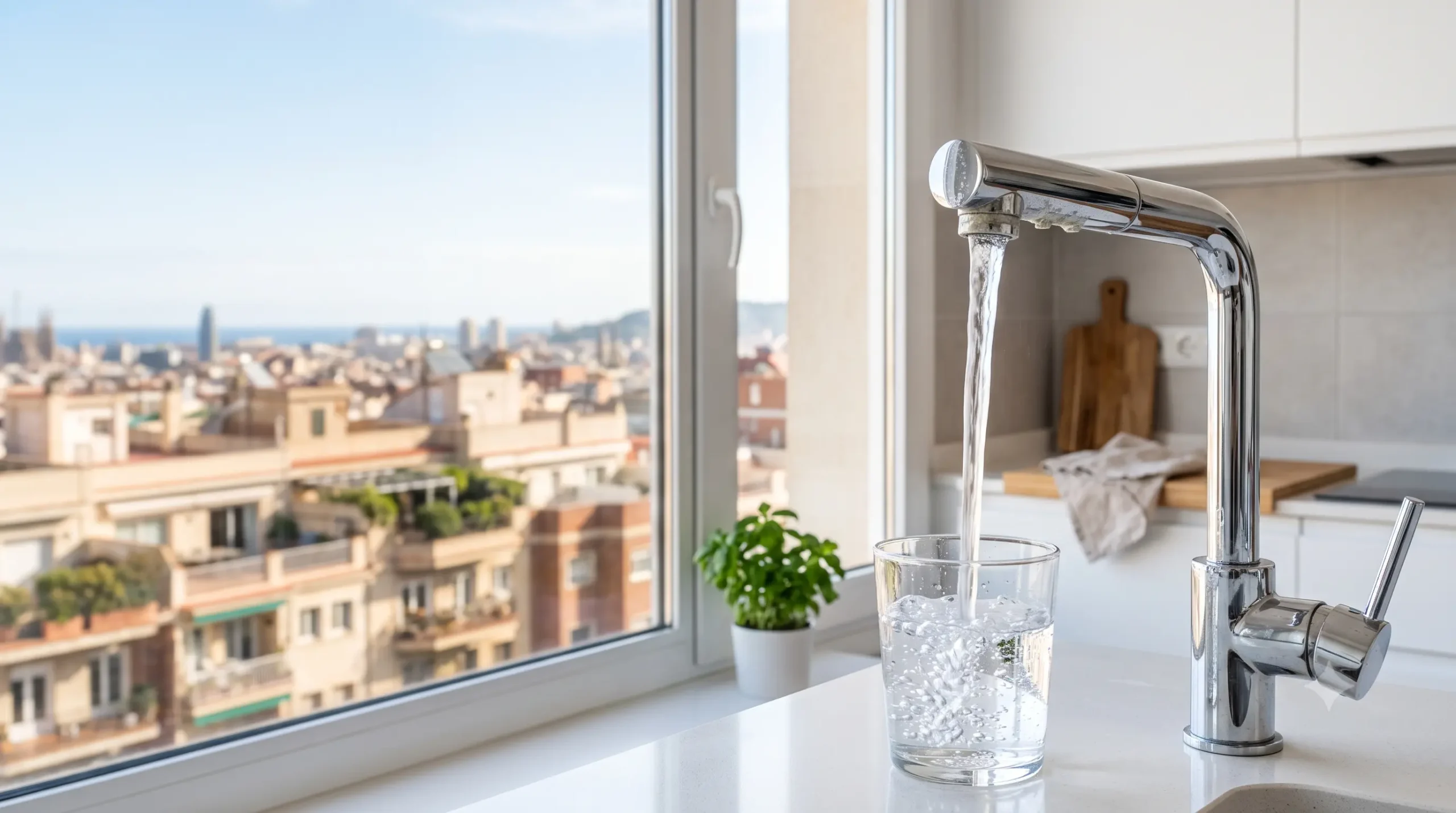 Agua del grifo de Barcelona y marcas de cal en una cocina urbana