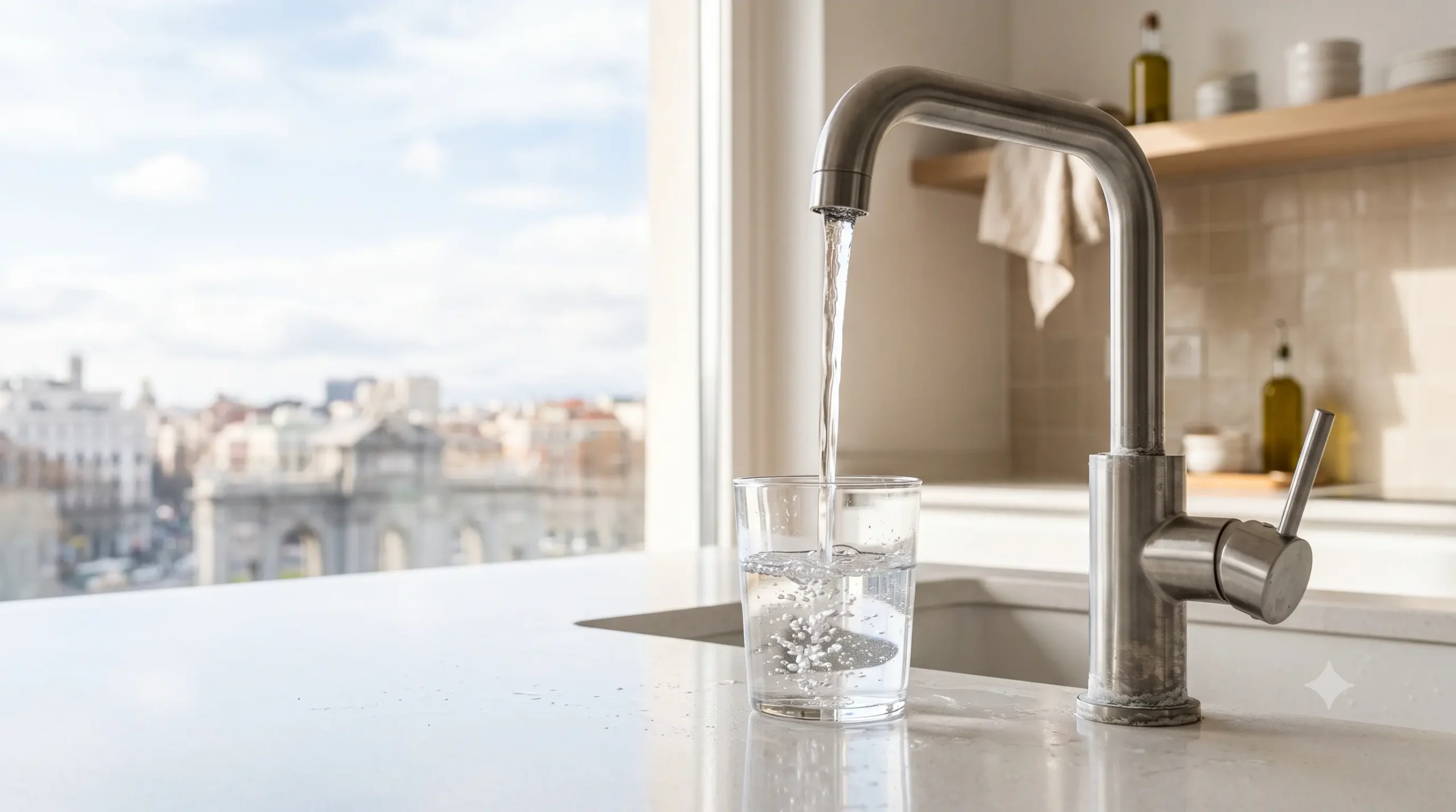Agua del grifo de Madrid servida en un vaso en una cocina