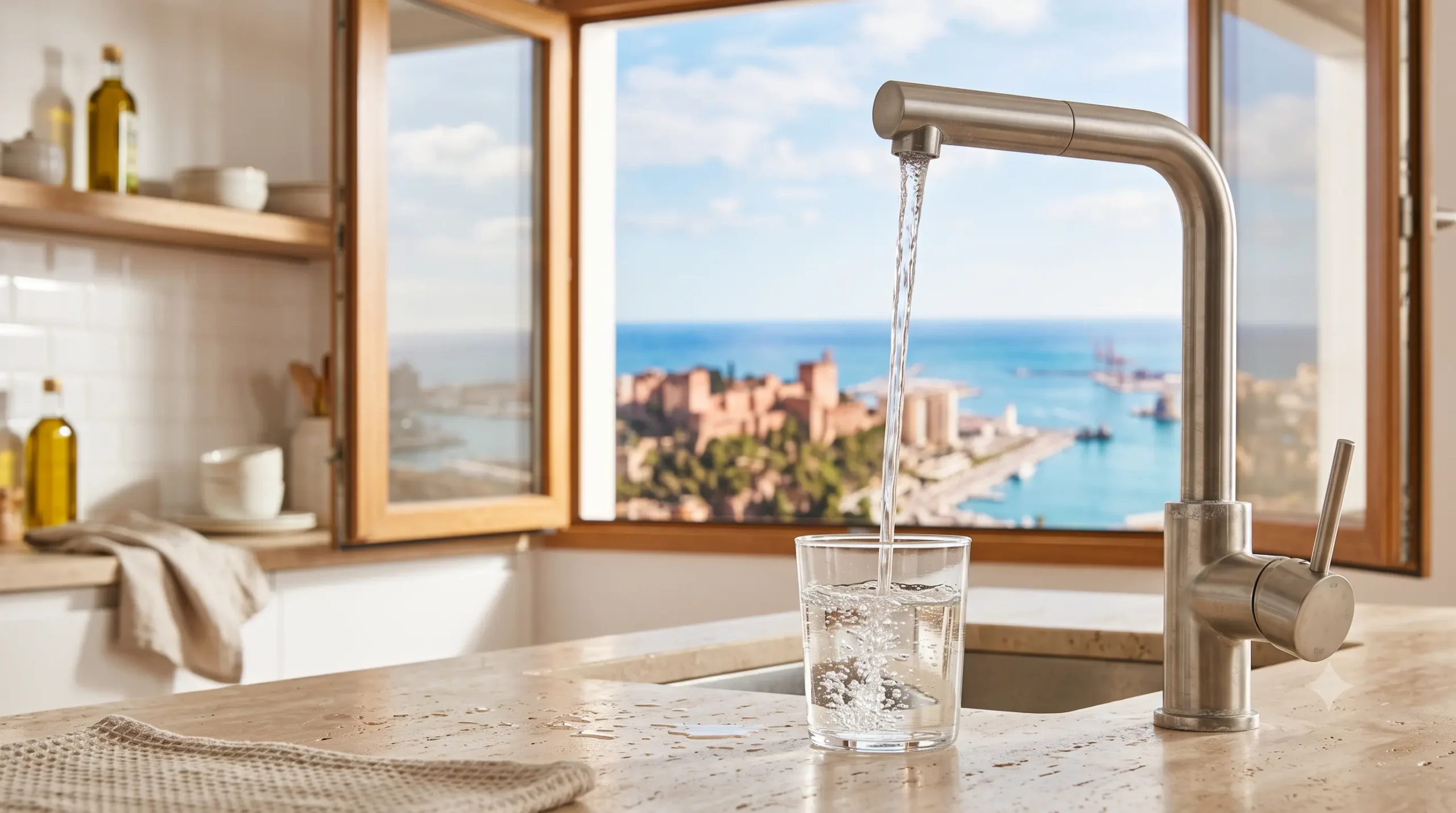 Agua del grifo de Málaga servida en una cocina con vistas urbanas