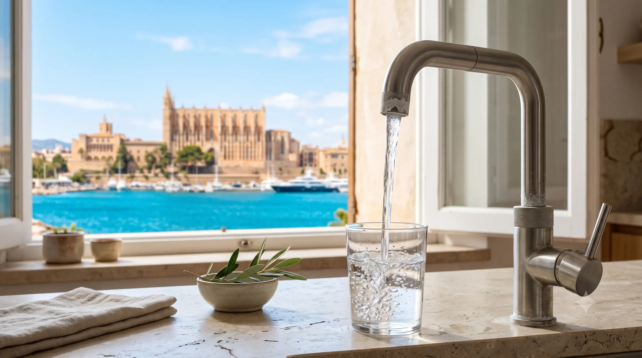 Agua del grifo de Palma de Mallorca con marcas de cal en una cocina