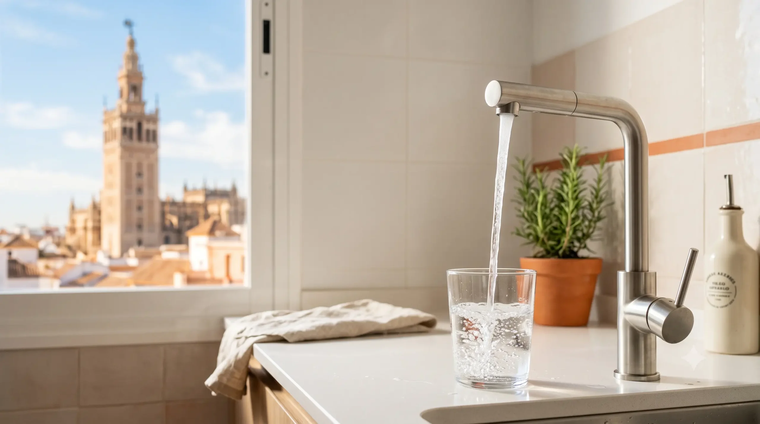 Agua del grifo de Sevilla servida en una cocina con la Giralda al fondo