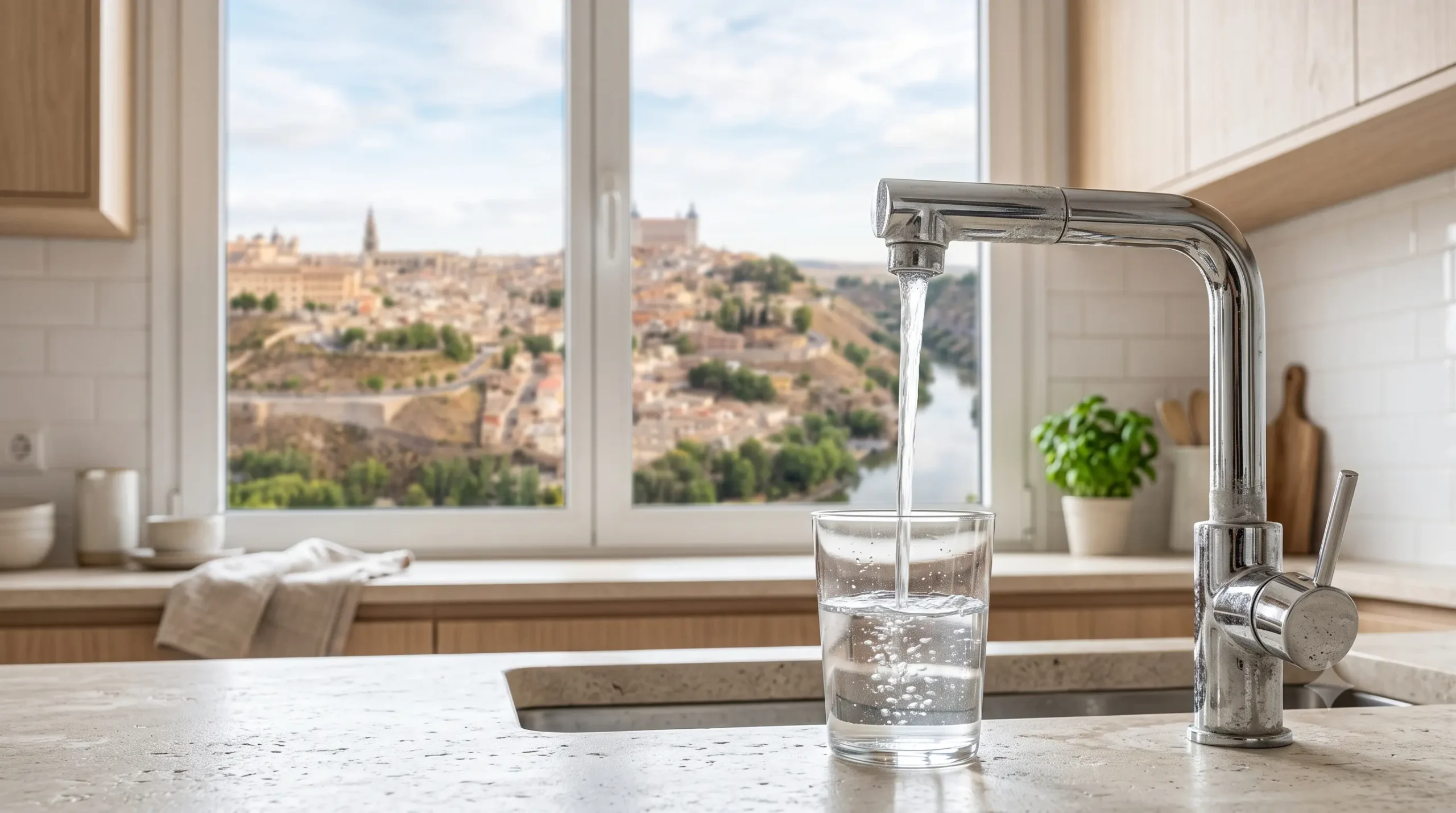 Agua del grifo de Toledo servida en una cocina con el casco histórico al fondo