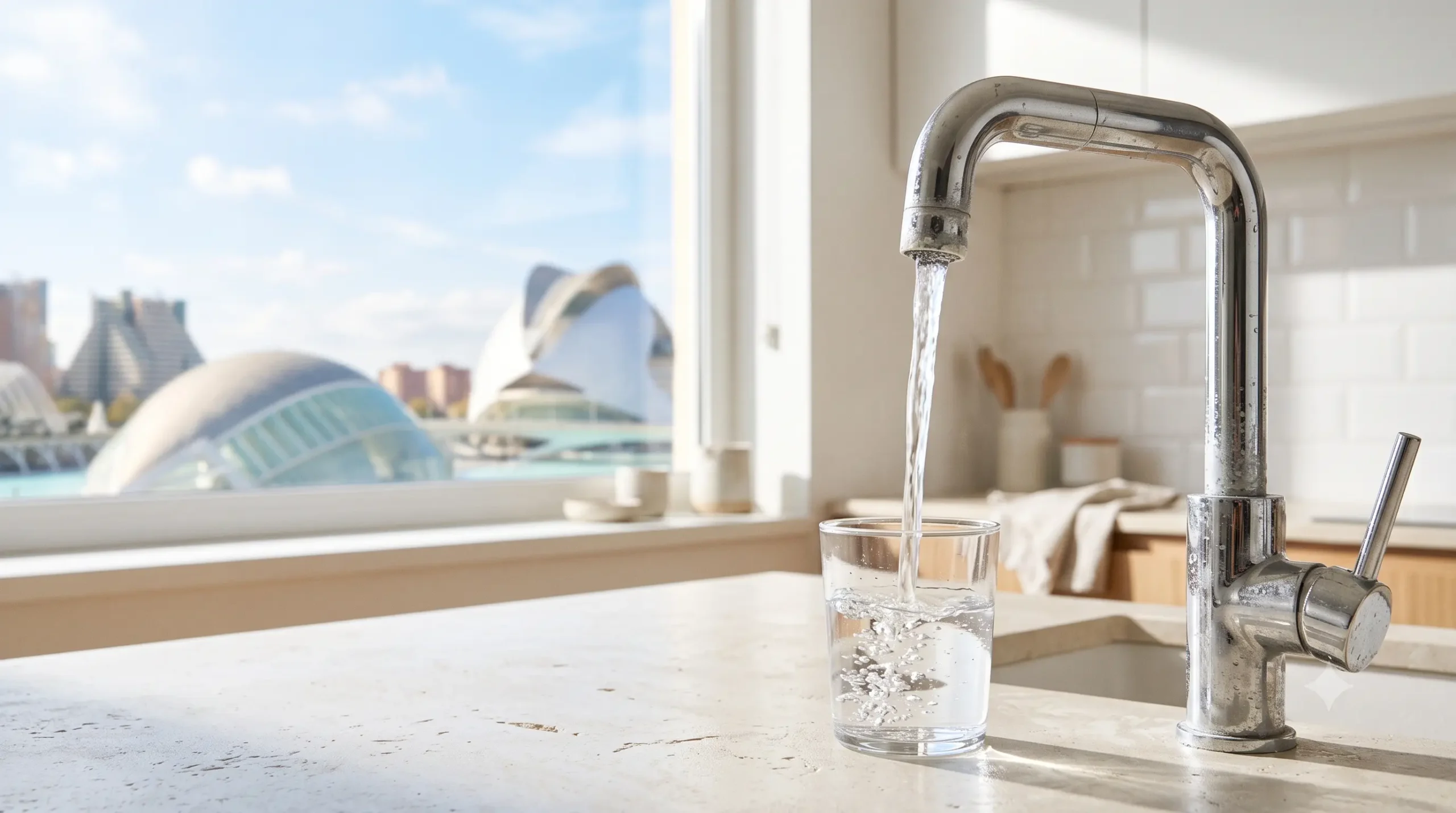 Agua del grifo de Valencia con marcas de cal en una cocina