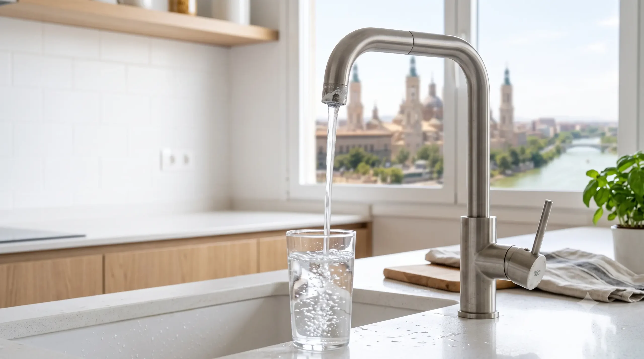 Agua del grifo de Zaragoza servida en una cocina con la basílica del Pilar al fondo
