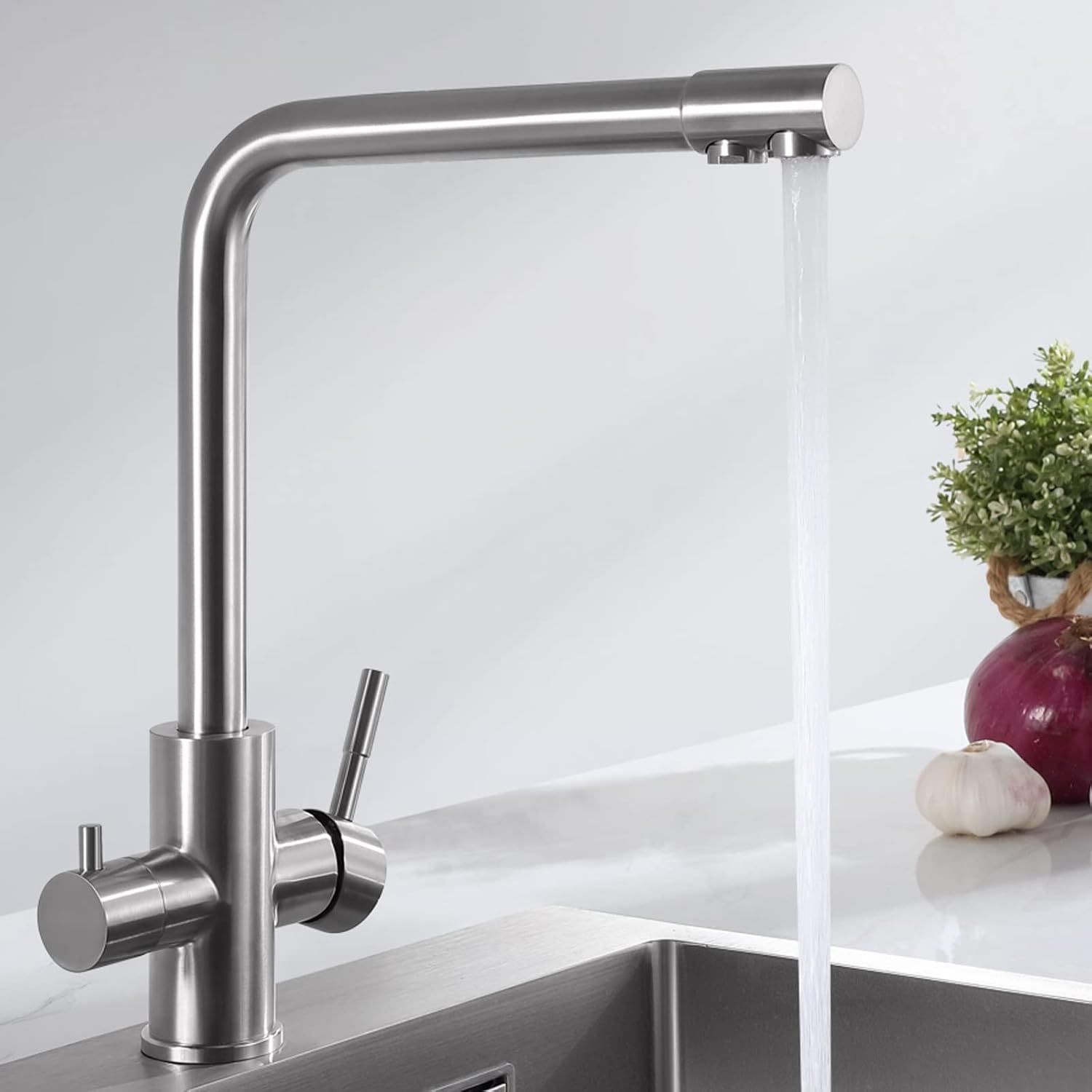 CECIPA PURE-I, grifo de cocina de tres vías en acero inoxidable cepillado