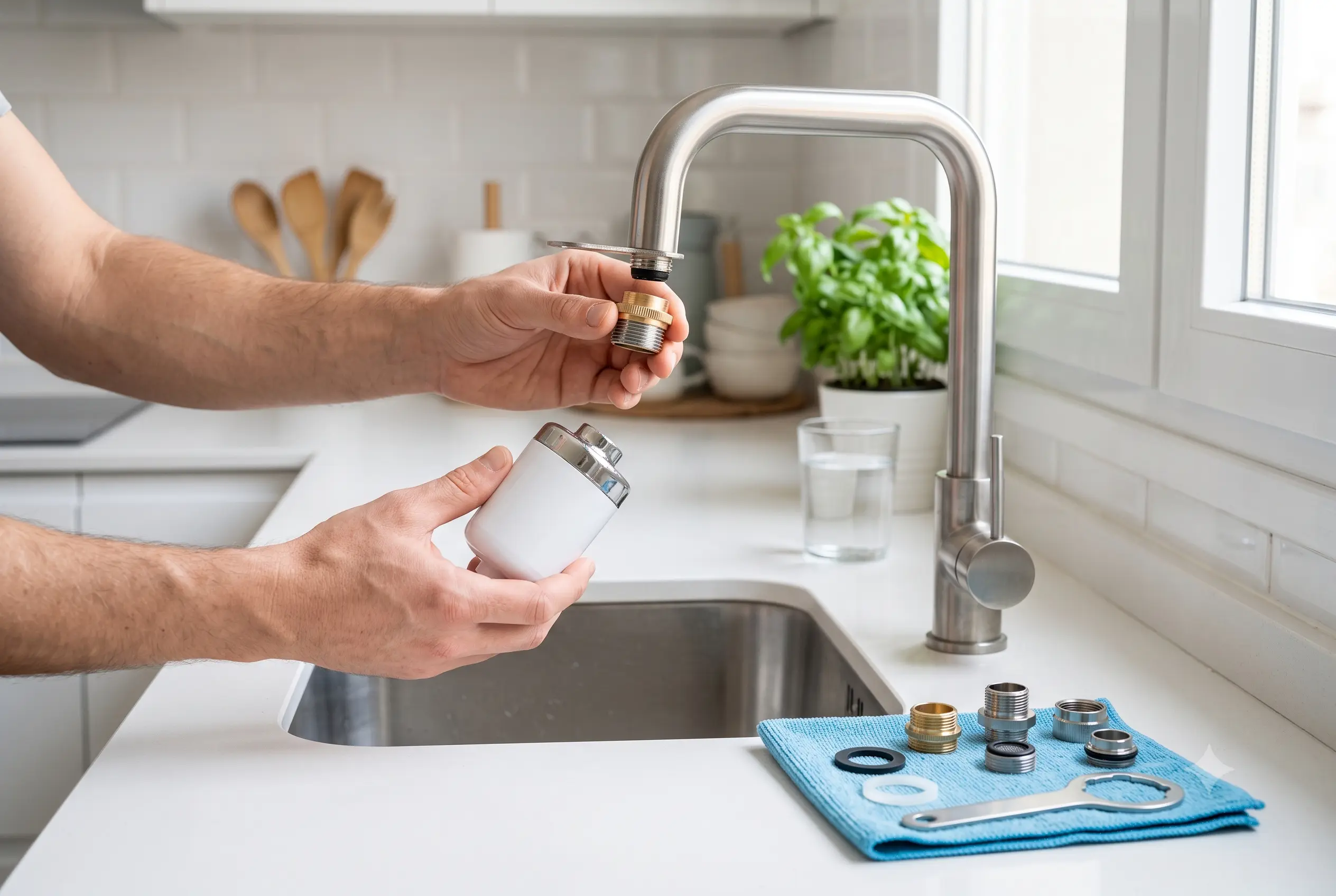 Instalación de un filtro de agua en el grifo con adaptador