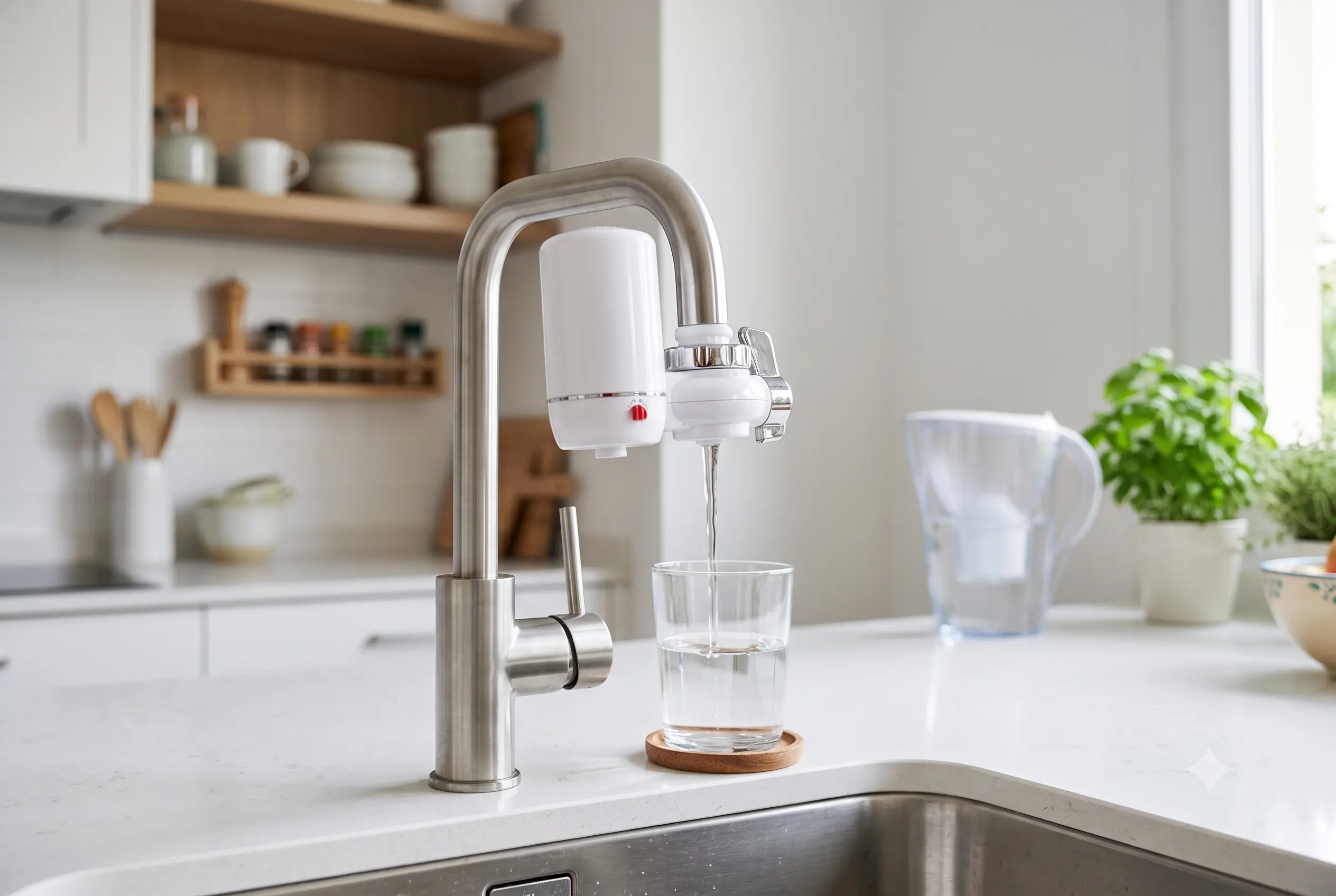 Filtro de agua instalado en el grifo de una cocina