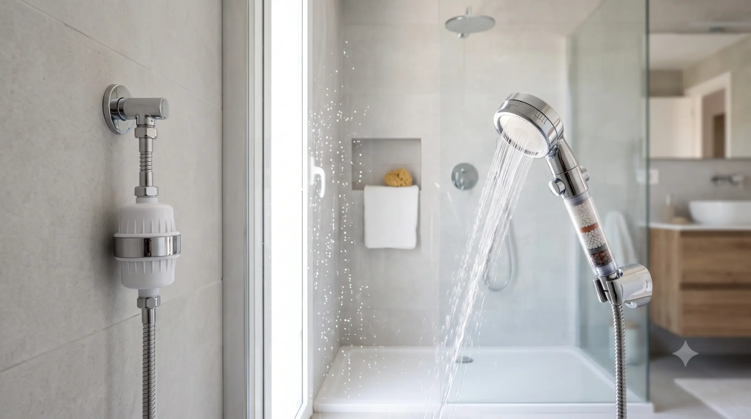Filtro de ducha en línea y alcachofa con filtro integrado instalados en un baño