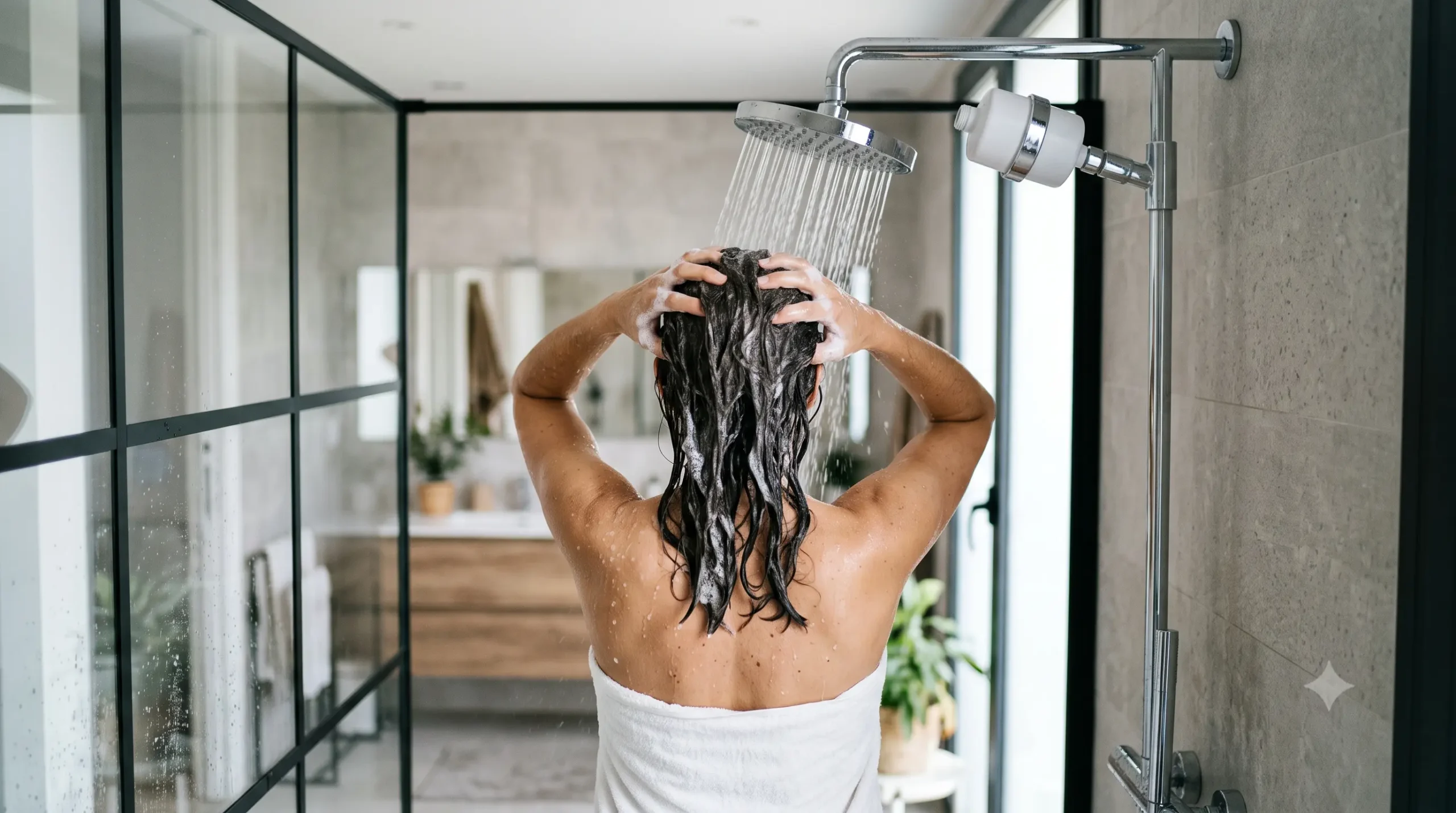 Persona lavándose el pelo bajo una ducha con filtro de agua