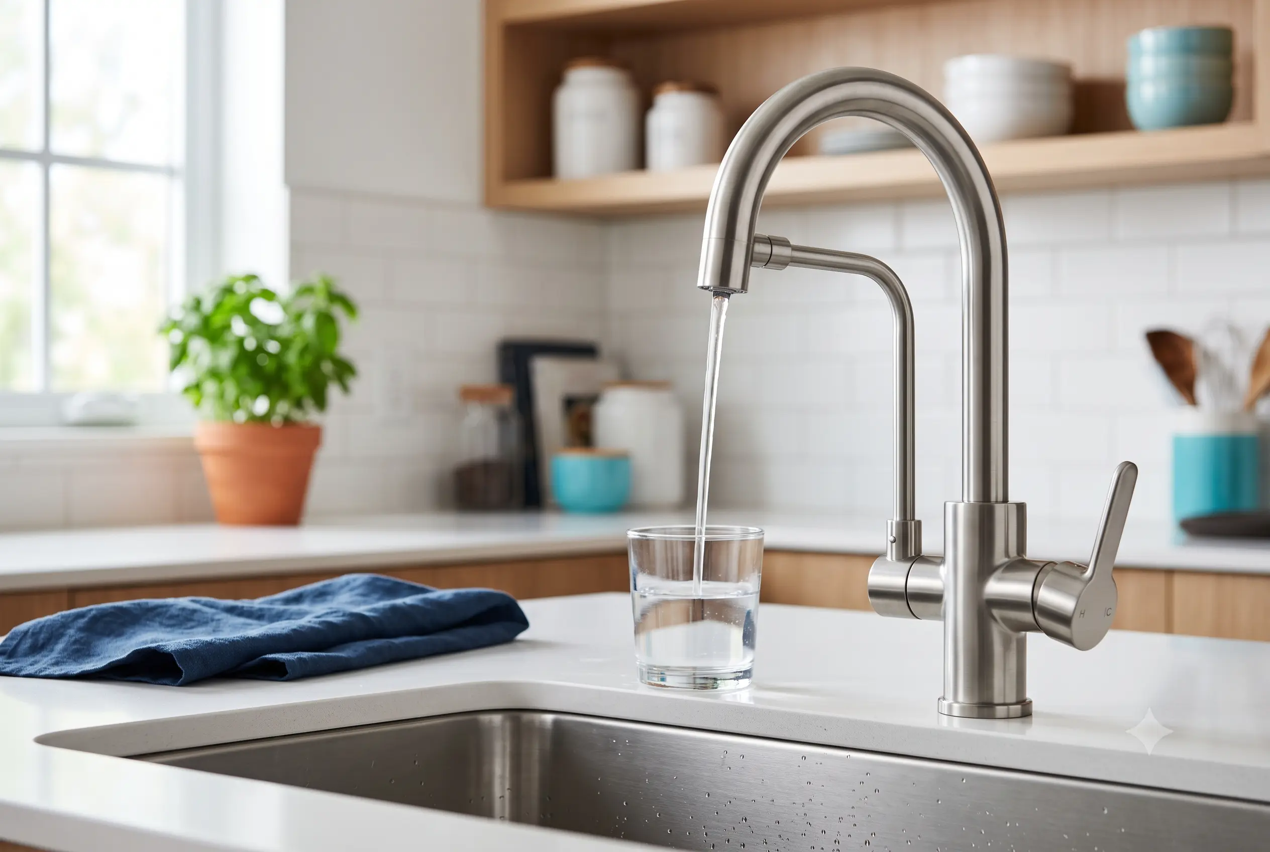 Grifo de ósmosis de tres vías instalado en una cocina