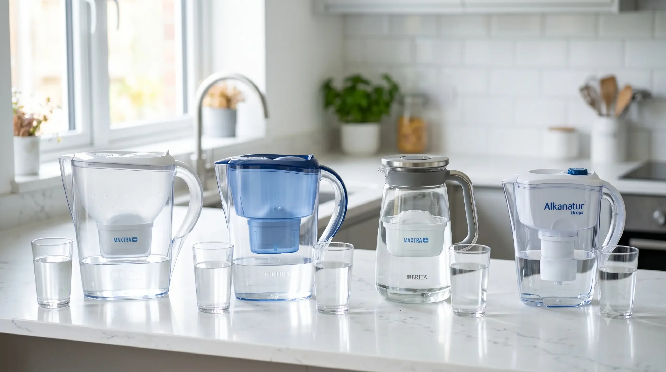 Comparativa de jarras filtrantes BRITA Marella XL, Philips Water, BRITA Glass y Alkanatur Drops