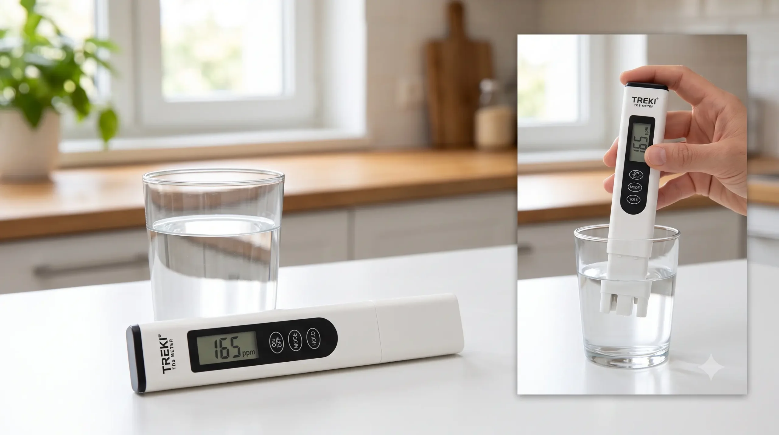 Medidor TDS utilizado para comprobar una muestra de agua en casa
