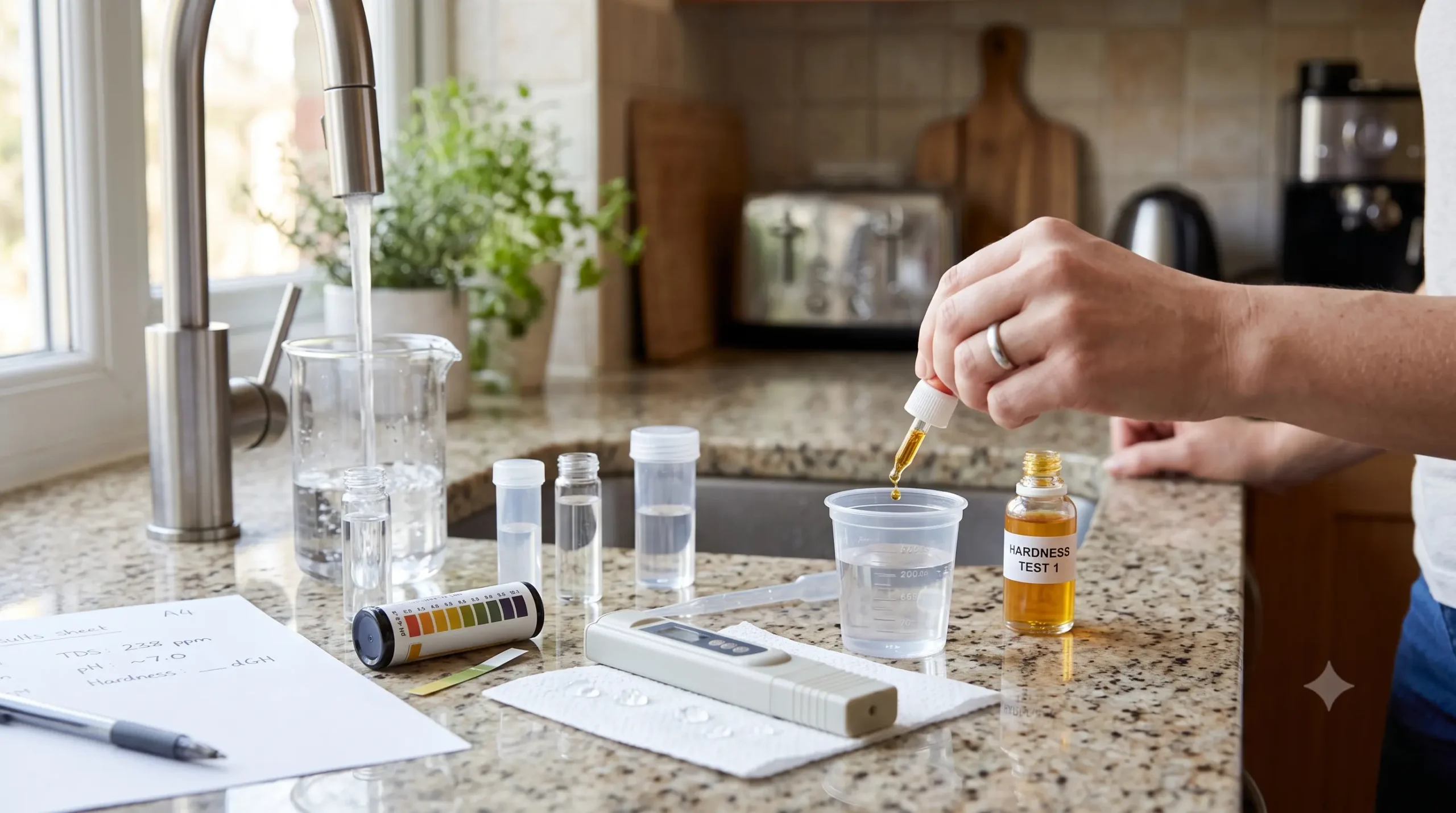 Métodos domésticos para medir TDS, pH y dureza del agua en casa